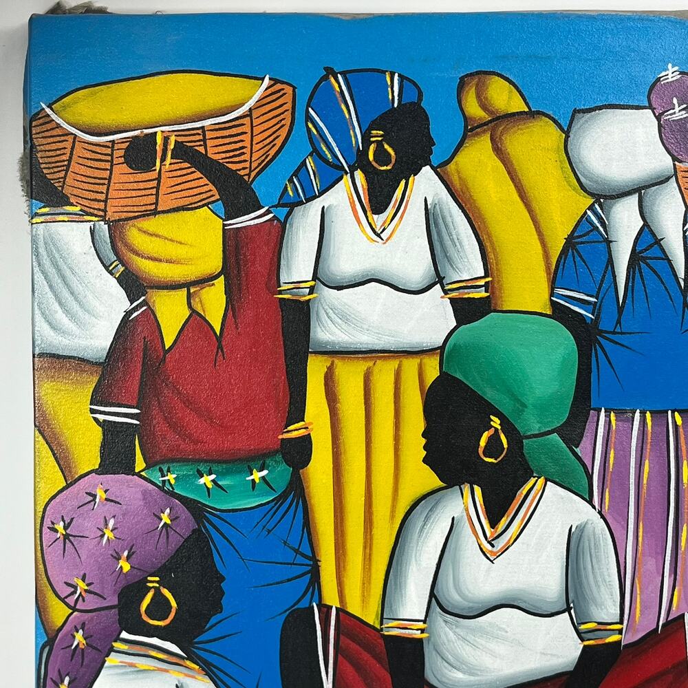 Andre Grand Turk Signed Caribbean Folk Art Canvas Painting Market Scene 18"x24" - Picture 2 of 16